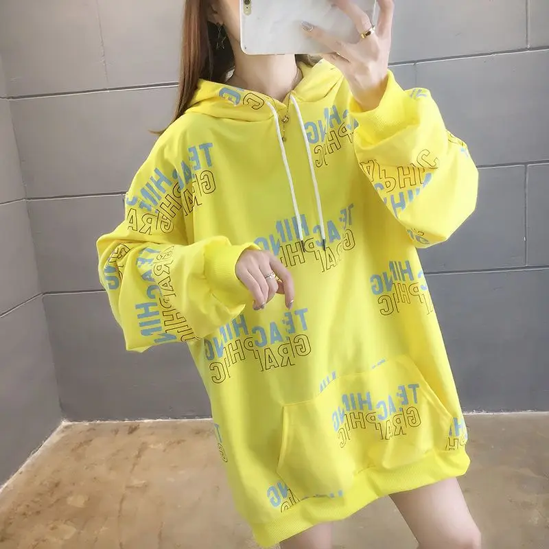 Yellow Baggy Woman Tops Long Hoodies Spring and Autumn Graphic Loose Hooded Sweatshirt for Women New in Harajuku Fashion Cotton