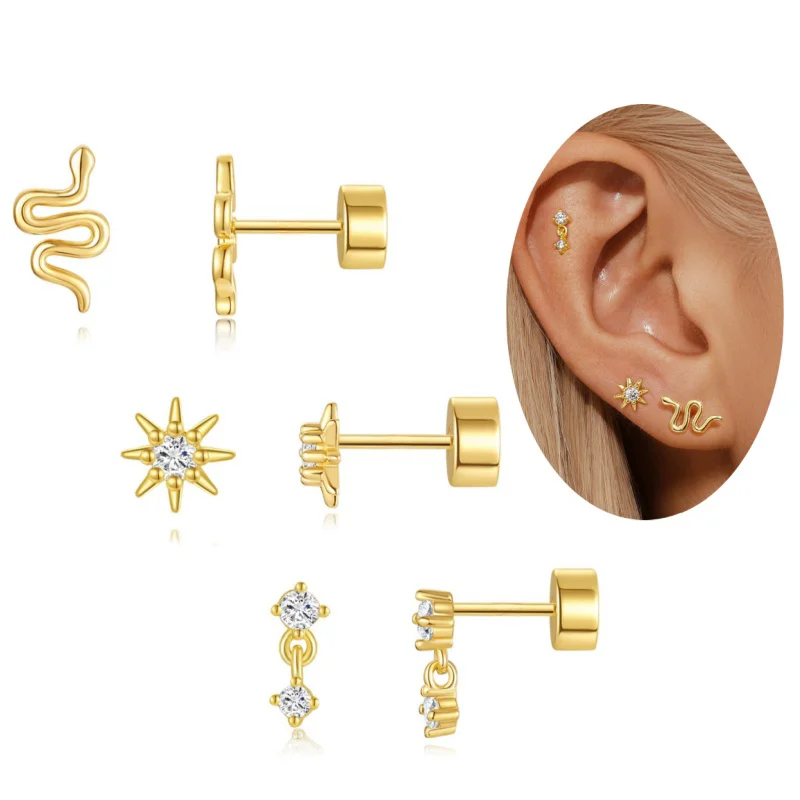 2/3/6Pcs Tiny 20G Stainless Steel Flat Back Stud Earrings for Women Girls, Dainty CZ Cartilage Conch Lobe Ear Piercing Jewelry