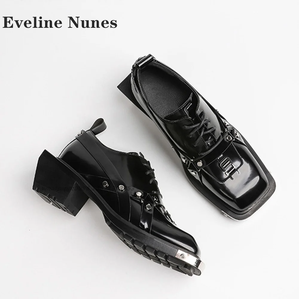 Metal Decoration Cross Tied Pumps Square Toe Strange Style Patchwork Loafers Belt Buckle Solid Punk Leather Shoes 2024 Spring