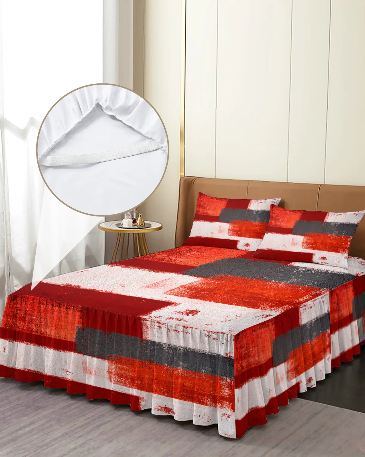 Oil Painting Abstract Geometric Red Bed Skirt Elastic Fitted Bedspread With Pillowcases Mattress Cover Bedding Set Bed Sheet