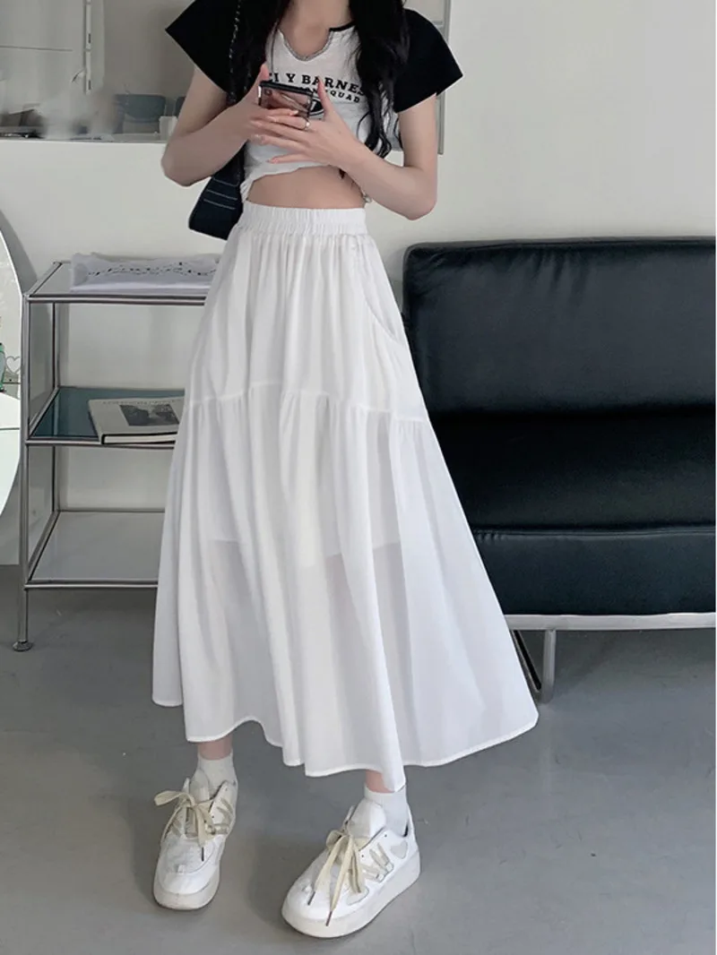 2024 Spring/Summer New Women's Fashion Simple Cake Skirt Elastic Waist High Waist Slim Fit Mid length A-line Umbrella Skirt 5IGV