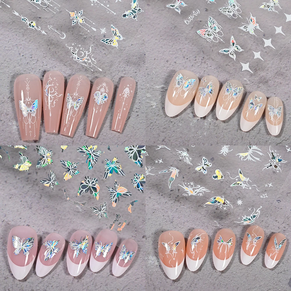 1Pcs Metallic Black/White Butterfly 3D Nails Stickers Lase Butterflies Self-Adhesive Slider Sparkly Catcher/Star Manicure Decals image 3