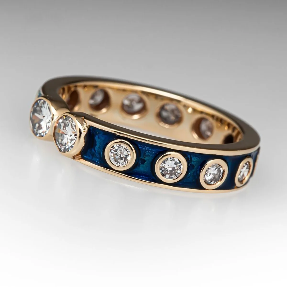 Round Cut Lab Created Diamond Eternity Ring Featuring Blue Enamel Work Lab Diamond Ring 9K/14K/18K Gold Unique Engagement Ring