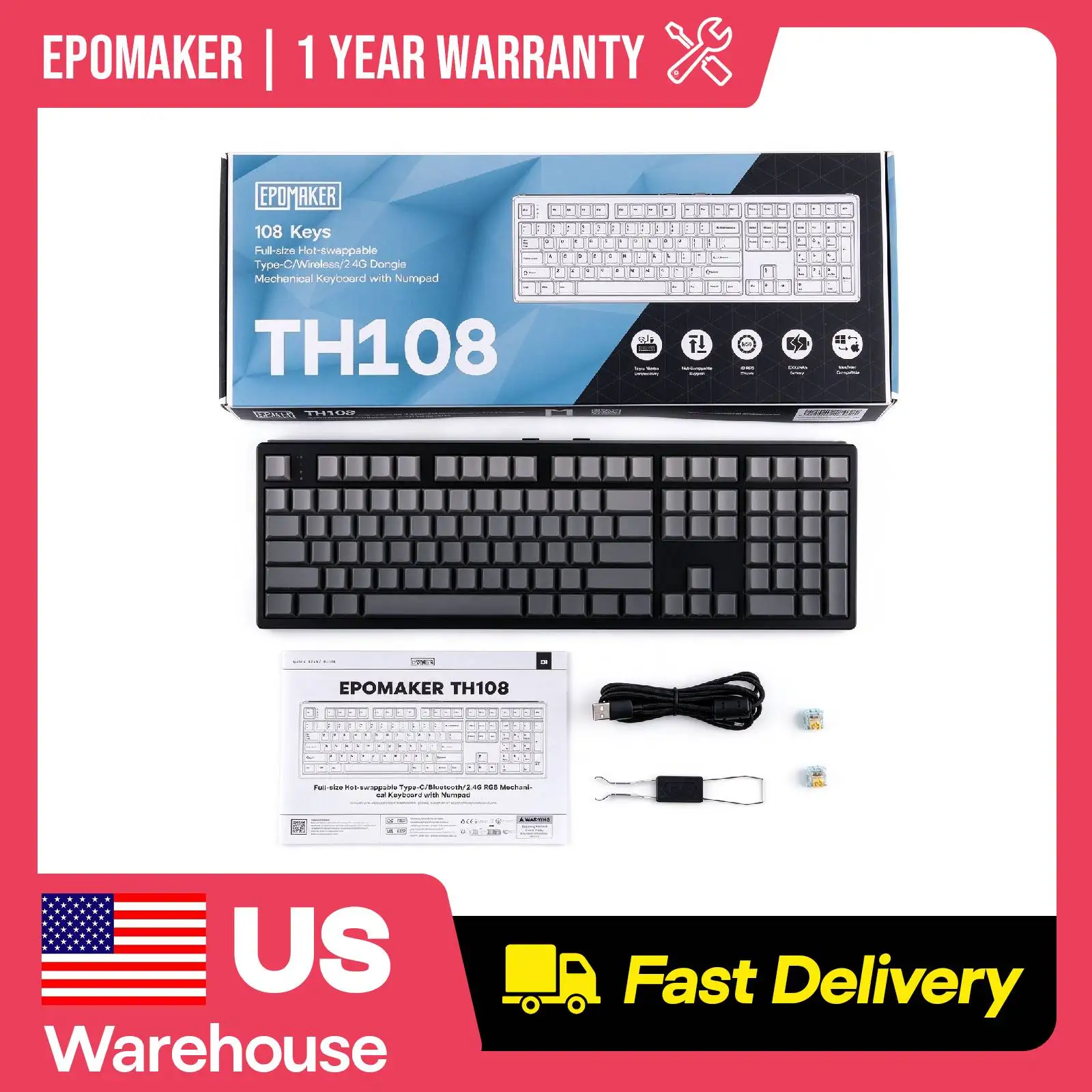 EPOMAKER TH108 100% Sized Hot-Swap Tri-Mode Wireless Mechanical Gaming Keyboard with Custom RGB Backlight & 10000mAh Battery