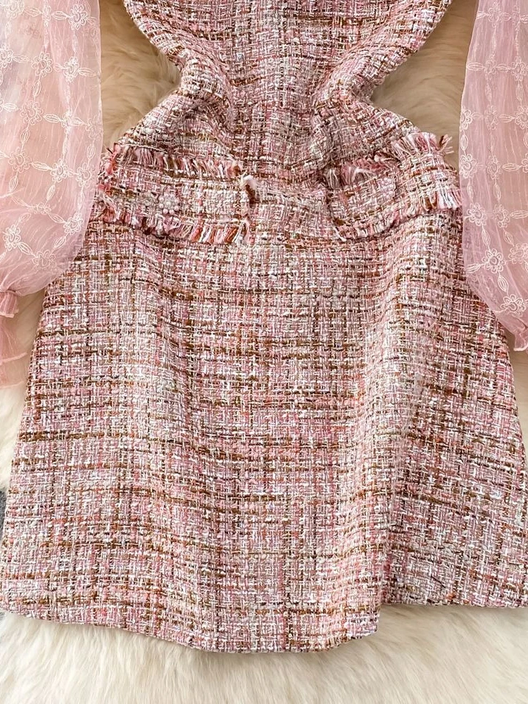 Elegancka francuska sukienka z tweedu z siateczkowymi wstawkami, damska sukienka vintage w kształcie litery A, mini, z falbankami przy kołnierzyku, kokardą i długim rękawem, nowa jesienna kolekcja.