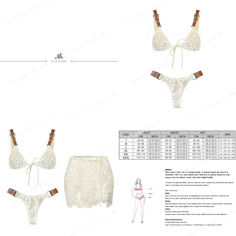 Conjunto de Bikini de 3 Piezas de Crochet Blanco para Mujer, Traje de Baño Sexy con Push-Up, Micro Bikini Brasileño con Falda de Playa