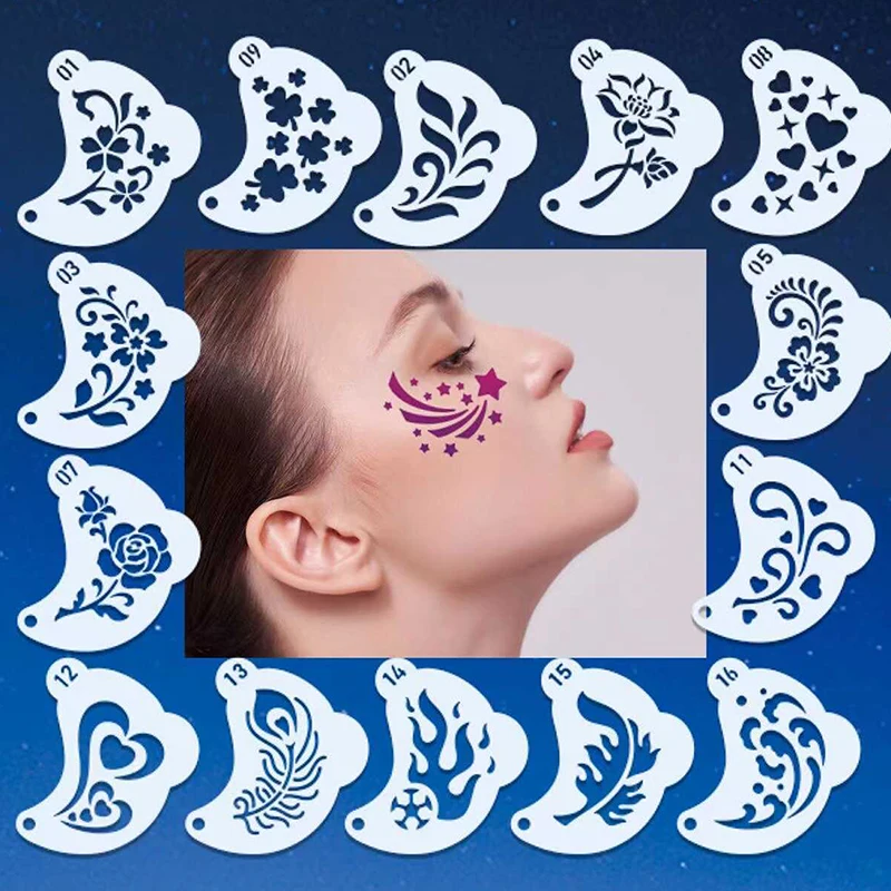 16Pcs Face Painting Stencil Set, DIY Tattoo & Eyebrow Templates for Spray Painting, Dance Party Makeup Beauty Tools