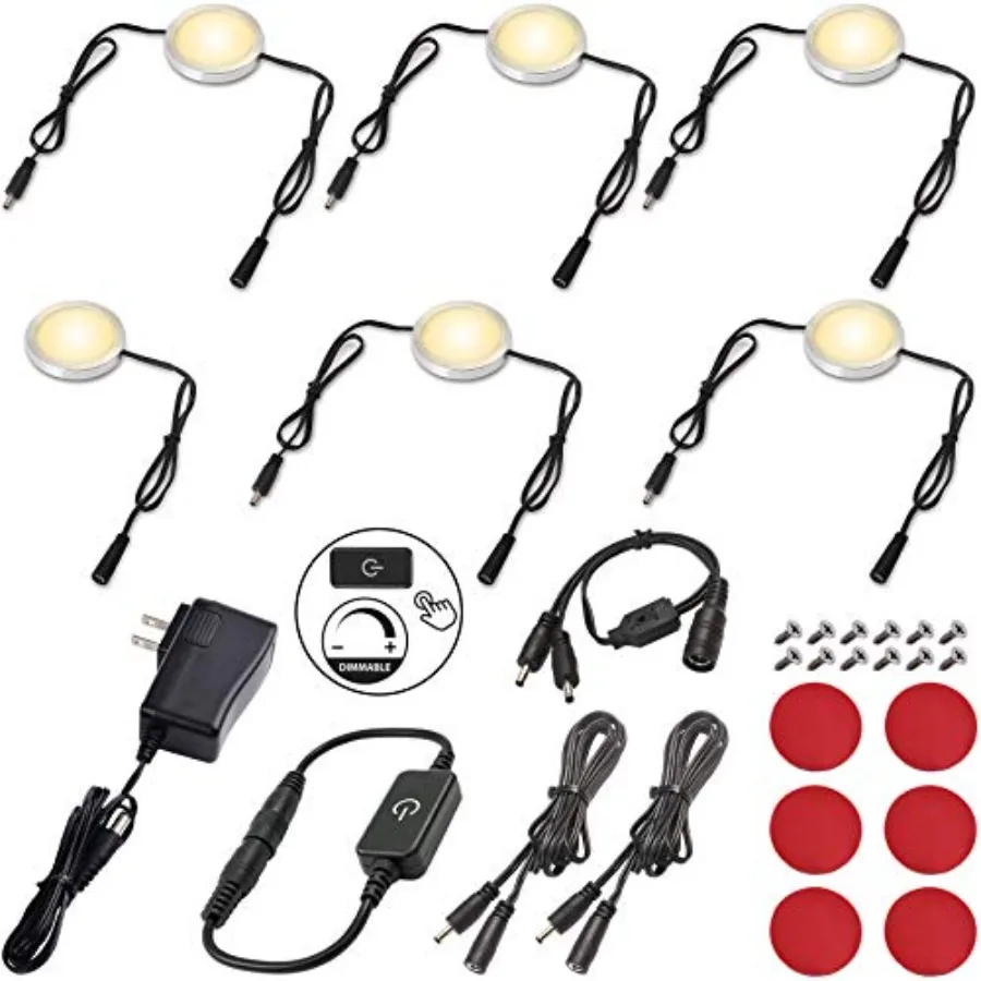 

Under Cabinet Lighting Touch Dimmable LED Puck Lights Kit with 120V AC to 12V DC Wall Plug Power Adapter, Thin Profile, Linkabl