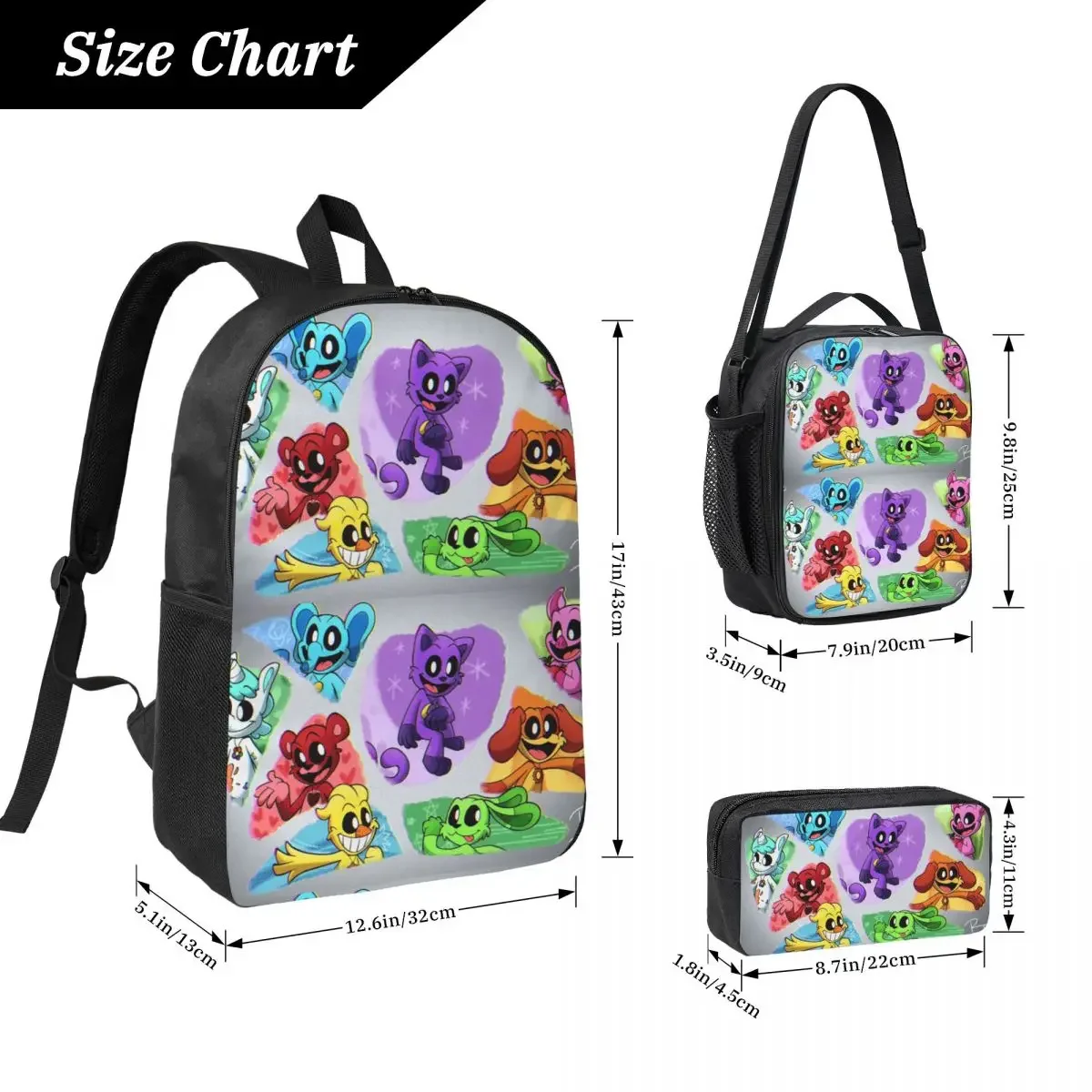 Smiling Critters Cartoon Game Backpack Boys Girls BookBag School Bag Laptop Shoulder Bags 3ps Insulated Lunch Bag Pencil Case