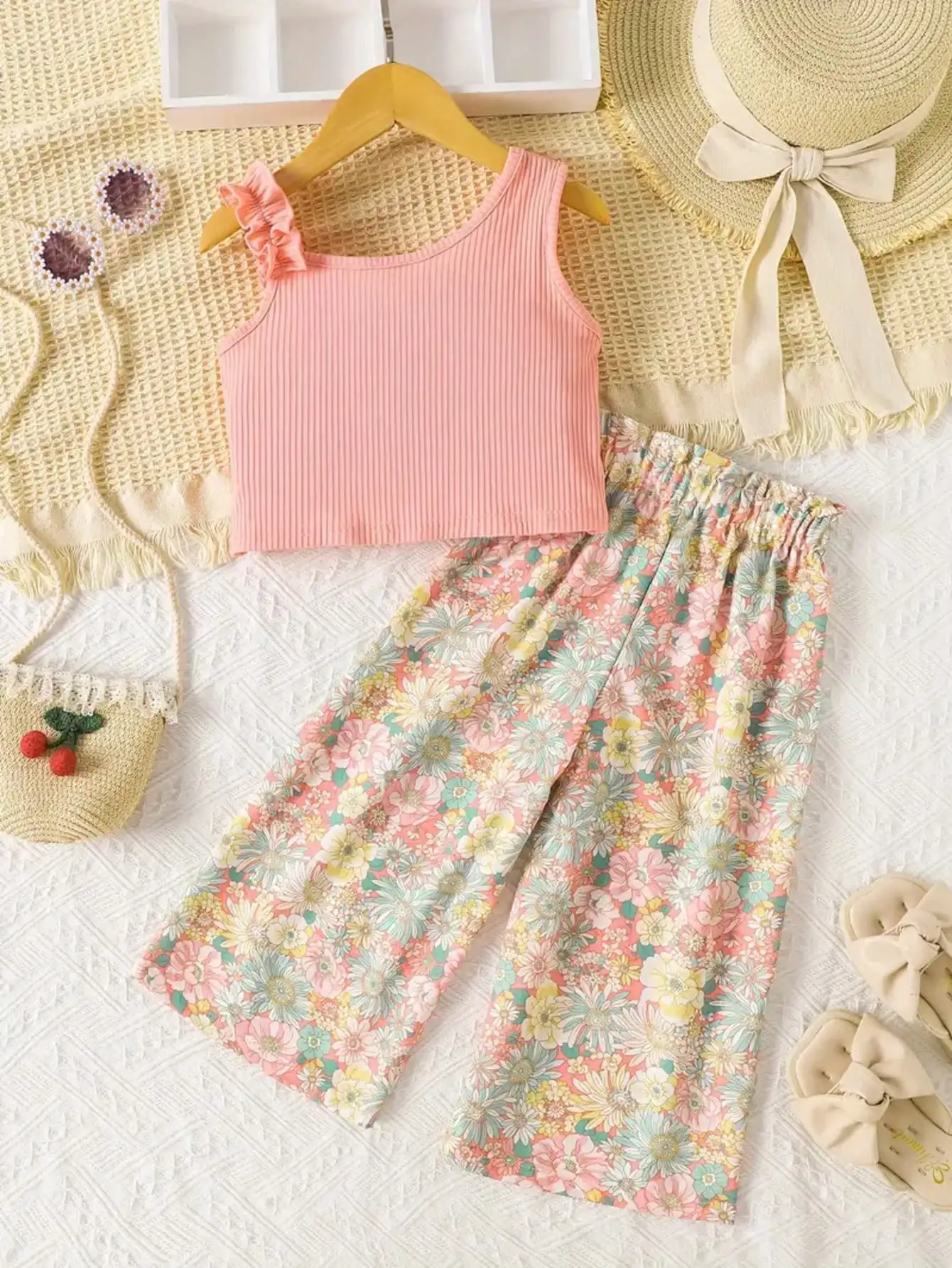 Children's Clothing Set Summer Bohemian Style Solid Color Ruffled Vest Top + Printed Elastic Waist Wide Leg Pants Casual Set