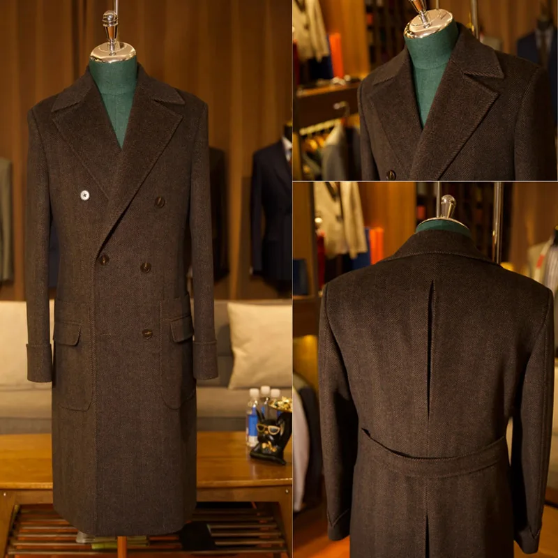 

Mens Vntage Fashion Herringbone Coat Double Breasted Slim Fit Extended Windbreaker Windproof Warm Casual Business Banquet