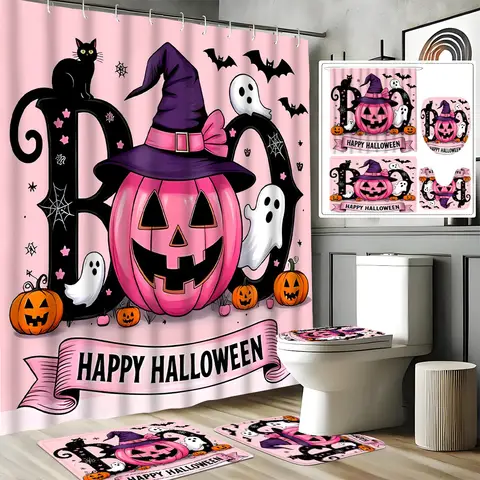 Halloween Shower Curtain Pinkoween Gothic Curtain Black Cat Quick-dry Durable Waterproof Bath Curtain, 12 Hooks, 3pcs Floor Mat