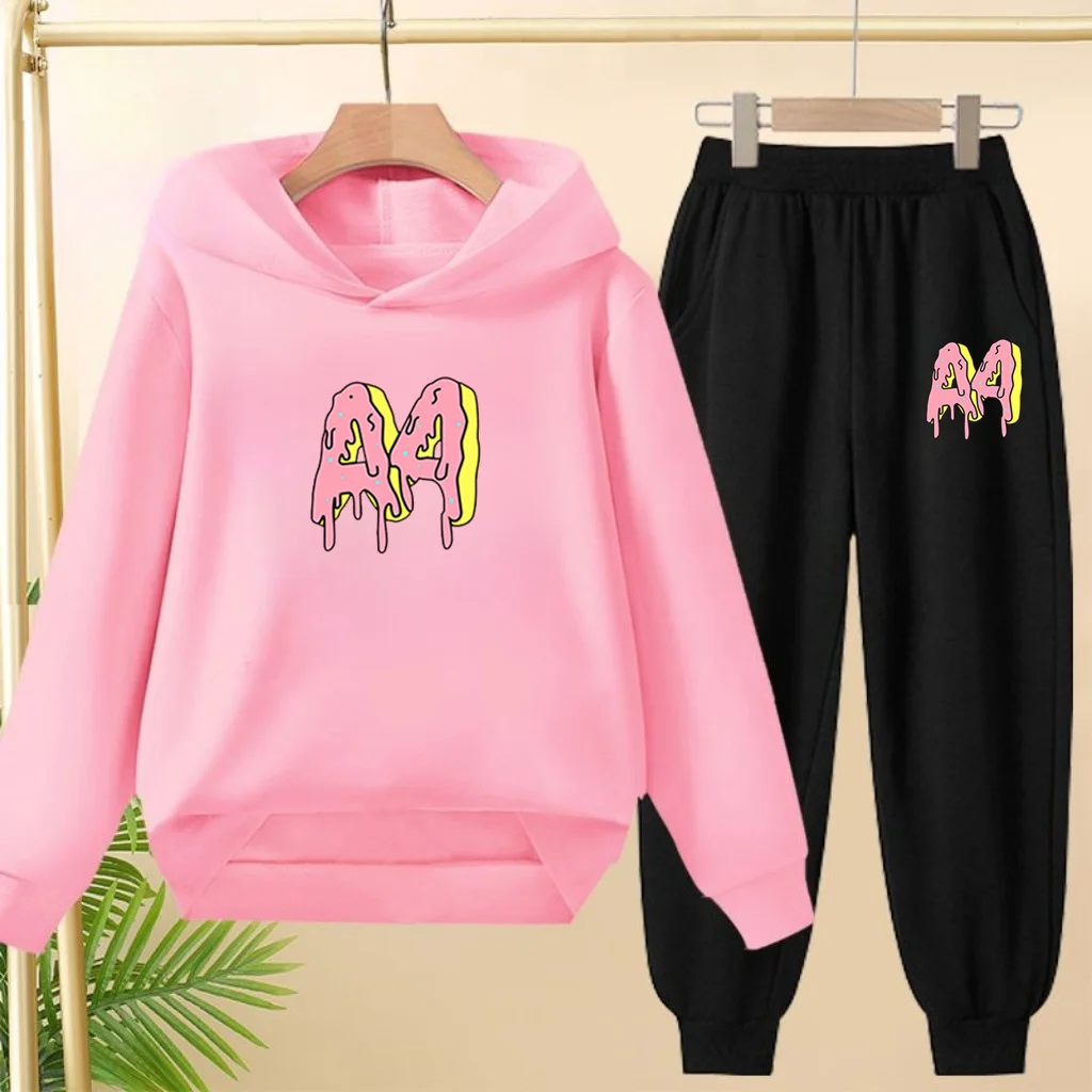 Children 2 Piece 3-12 Age Boy Girl Leisure Colored Letters Outerwear Hoodie+Trousers Pullover Hooded Autumn Winter Sportswear