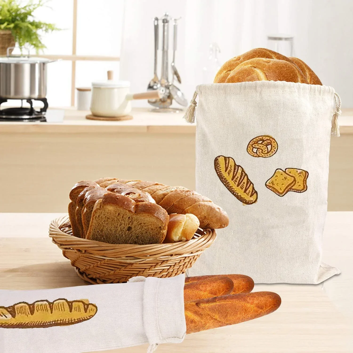 Linen Bread Bags Reusable Drawstring Large Washable Storage Food Accessories Bread Storage Bag Home Unbleached Kitchen Organizer