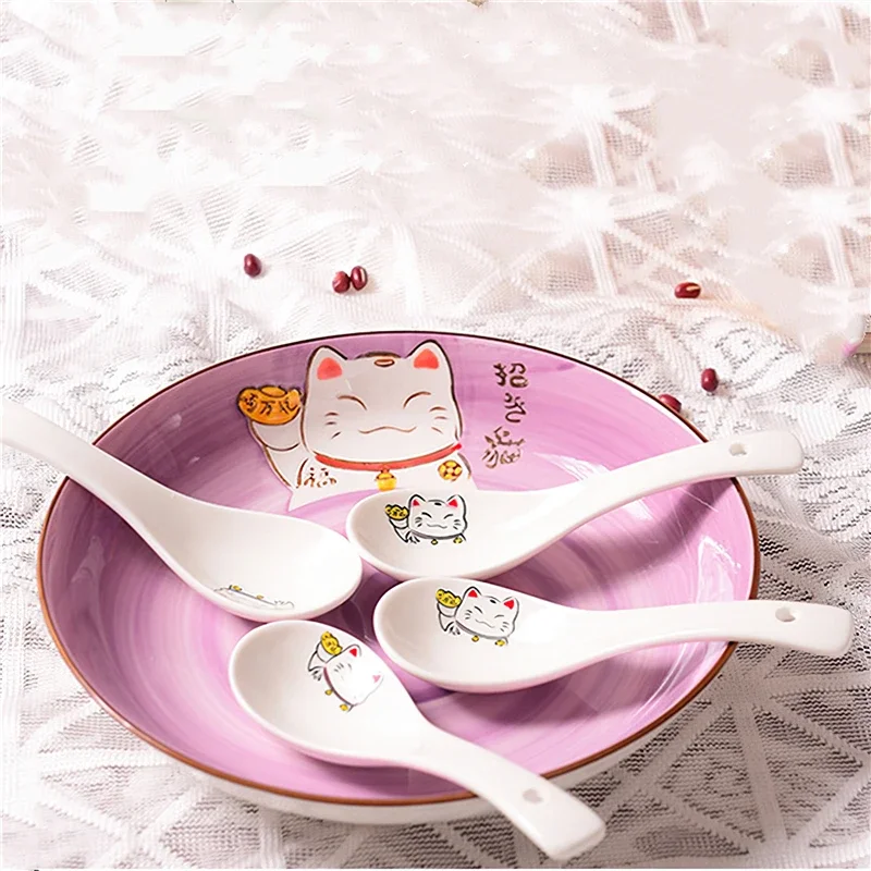 Ceramic Soup Spoon 14cm Japanese White Lucky Cat Bone China Dinnerware Restaurant Household Kitchen Supplies Tableware