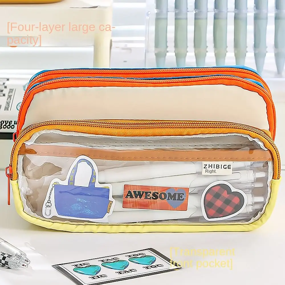 4 Layers Pencil Case Large Capacity Transparent Window DIY Badge Pen Bag Multi-functional Color Stitching