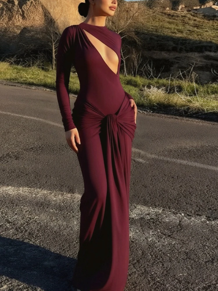 

Tossy Solid Hollow Out Pleated Long Dress For Women Sexy Lace-Up Slim High-Waist Party Dress Evening Women's Bodycon Maxi Dress