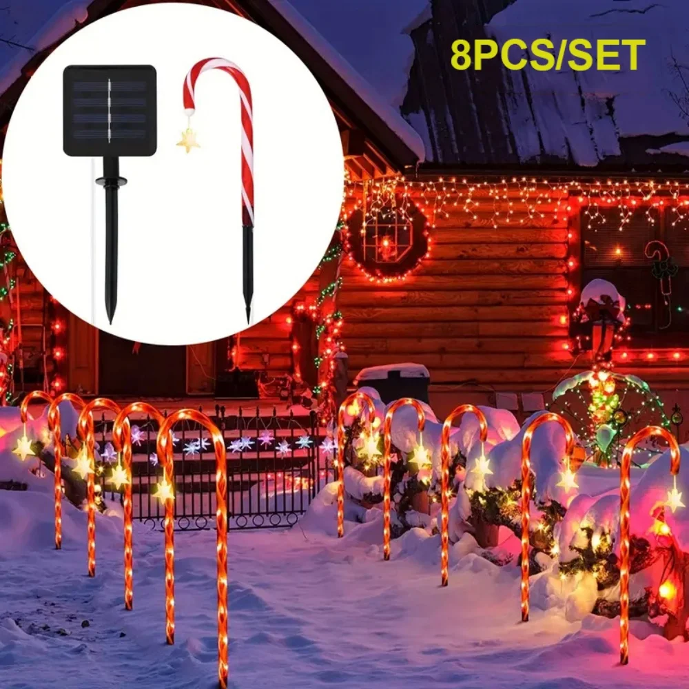 8PCS Red Solar Christmas Candy Star Cane Lights Waterproof LED Outdoor Stake Lamps Pathway Lights for Garden Lawn Yard Decor