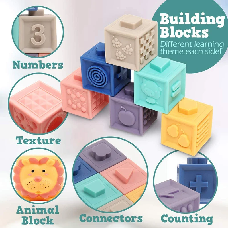 Bloques de construcción de silicona 3D para bebés, mordedor de juguete para bebés de 0 a 12 meses, apilamiento suave, Cubo de bloques de construcción, juguete de baño para apretar