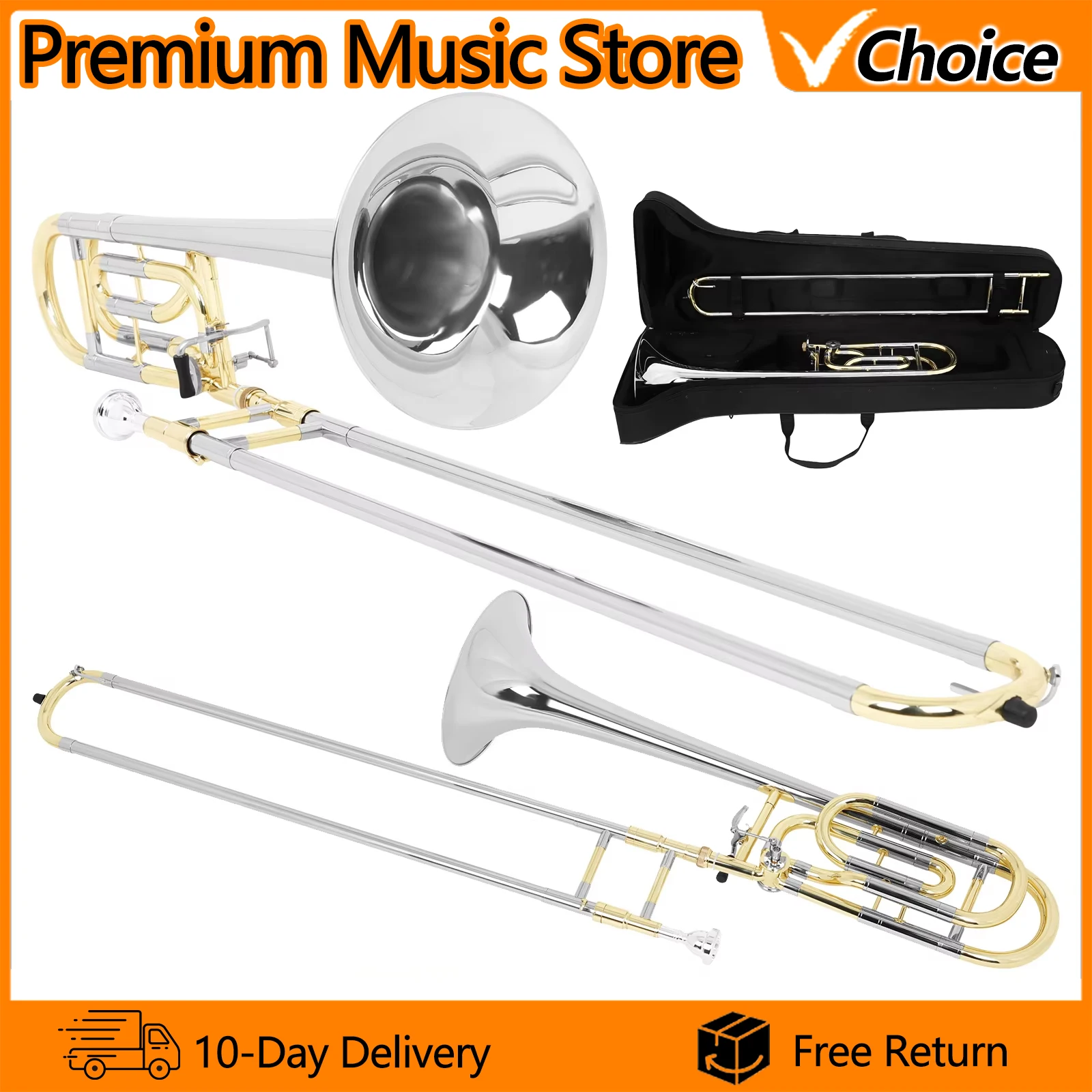 SLADE Tenor Trombone Change Tone Trombone Gold Silver Brass Body with Case for Practice Performance Brass Instrument