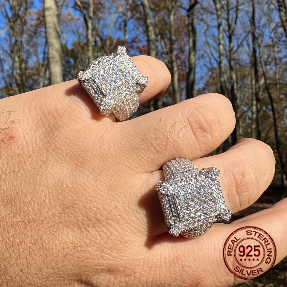 Exaggerated Luxury 925 Sterling Silver Rings Iced Out Zircon Shiny Mens Hip Hop Rapper Baguette Ring Vintage Trendy Jewelry