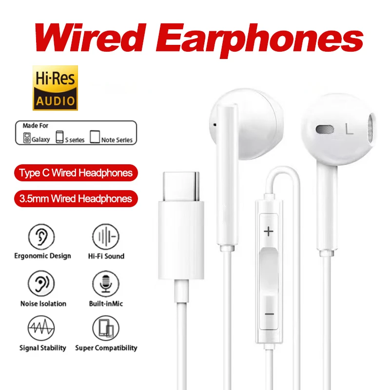 Type C Headphones Wired Earbuds For Xiaomi 15 14 13 12 3.5mm In-Ear For Redmi K60 Huawei Samsung Tablet Headset Accessories