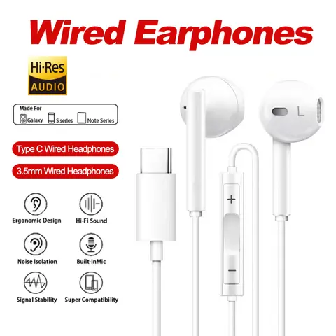 Type C Headphones Wired Earbuds For Xiaomi 15 14 13 12 3.5mm In-Ear For Redmi K60 Huawei Samsung Tablet Headset Accessories