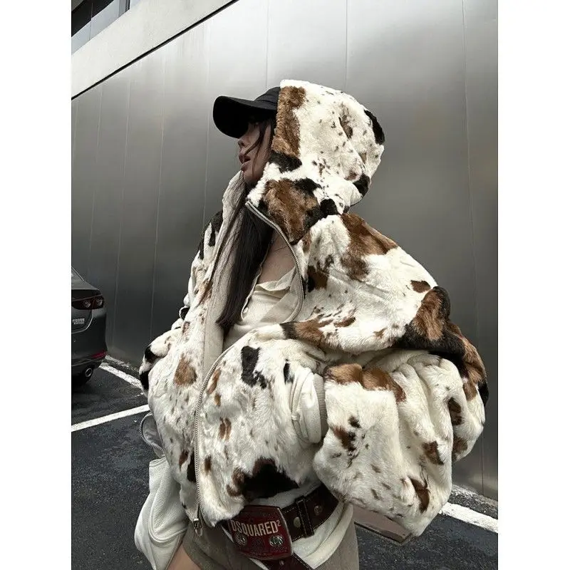 Double-Sided Cow Pattern Patchwork Furry Thick Coat for Women Autumn and Winter Vintage Furry Top