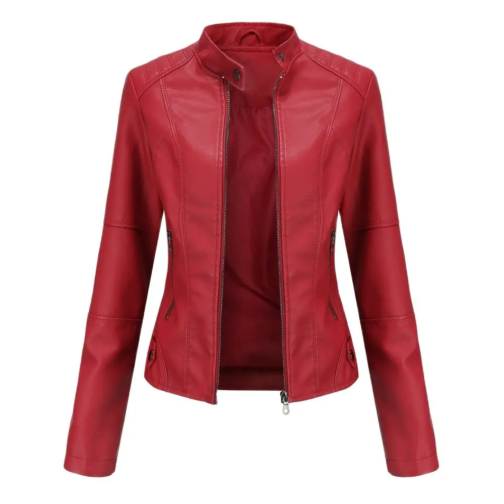 Blouson automne-printemps en cuir PU femme, avec fermeture éclair, rouge, noir, abricot, café, vêtement d'extérieur pour motard, 2023