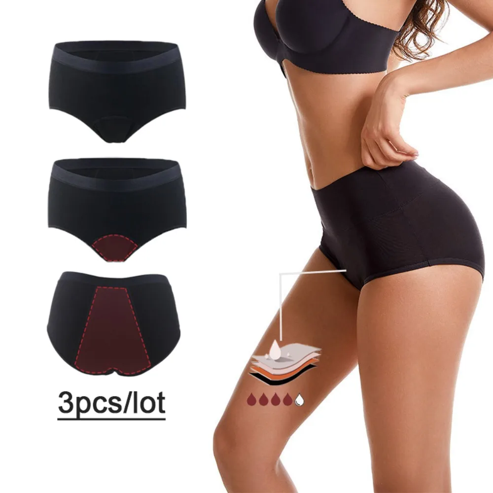 

3pcs Women Menstrual Period Panties Underwear 4 Layers Plus Size Heavy Flow Absorbency Leakproof Physiological Sanitary Lingerie