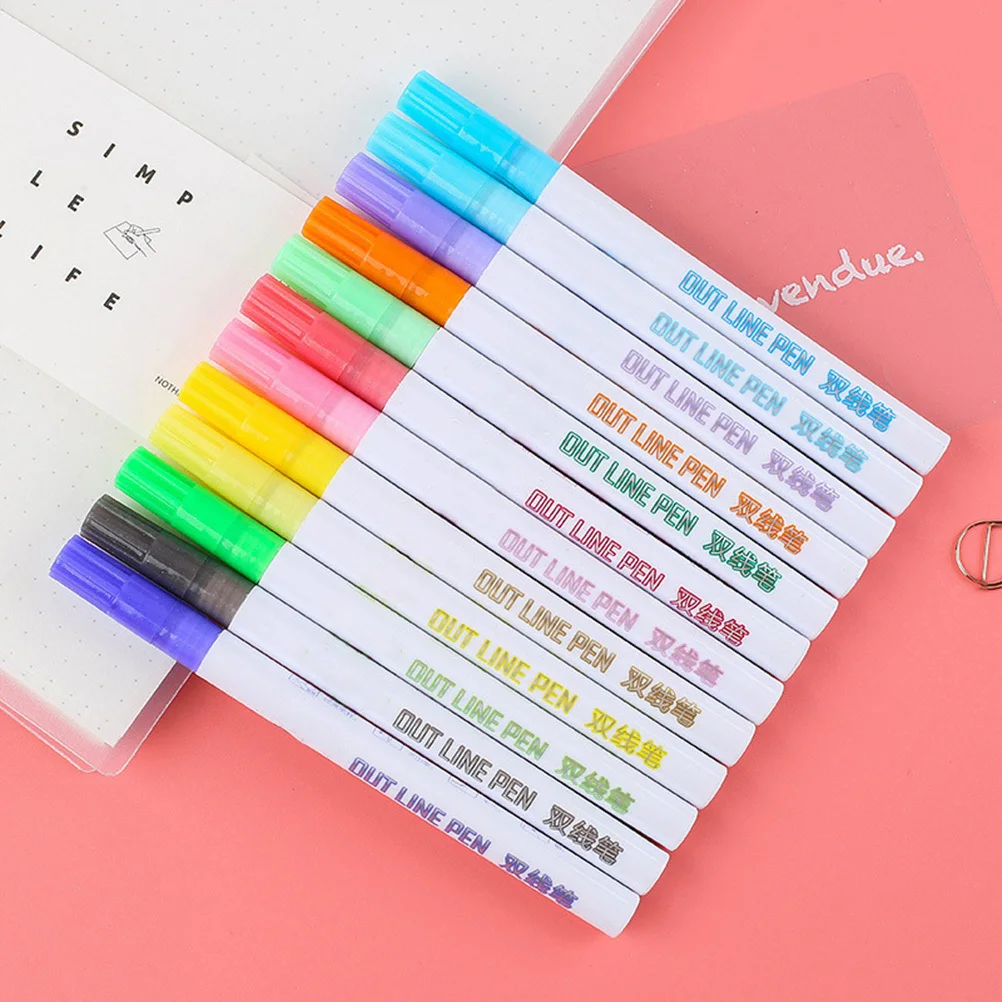 

12pcs Color Marker Set Double-Line 2Mm Nib Plastic Water-Based Drawing Pens For Diy Greeting Cards Posters Kids Art Supplies