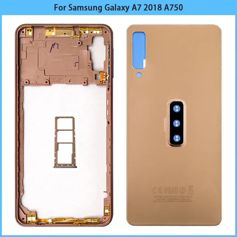 New For Samsung Galaxy A7 2018 A750F SM-A750 A750F Middle Frame Battery Back Cover Rear Door Housing Case Sim Card Tray Replace