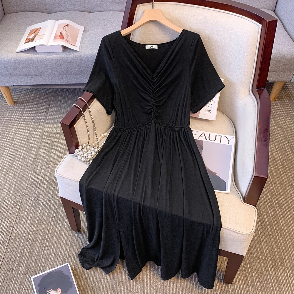 Plus size women's summer casual dress Black rayon fabric comfortable breathable elastic V-neck split hem party dress 2024 new