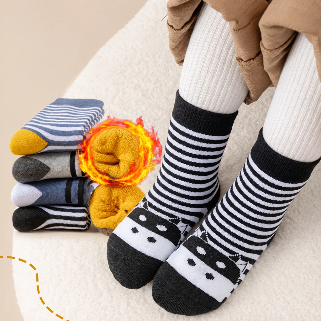 5 Pairs Kids Thicken Socks Boys Girls Cartoon Cute Velvet Thermal Comfort Socks Children Autumn Winter Baby Warm Mid Stocking