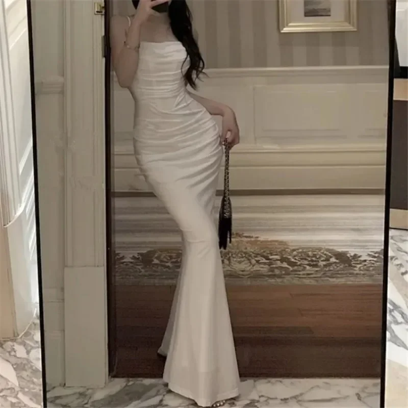 Women Elegant Sexy Bodycon Mermaid Dress Summer Sleeveless Strap Evening Party Robe Korean Female Solid Long Vestidos Y2k