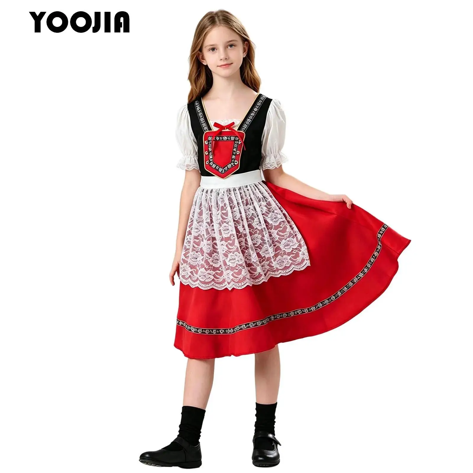 Girls Oktoberfest Traditional German Costume Beer Festival Maid Countryside Lace Dress And Apron Outfit Halloween Fancy Dress Up