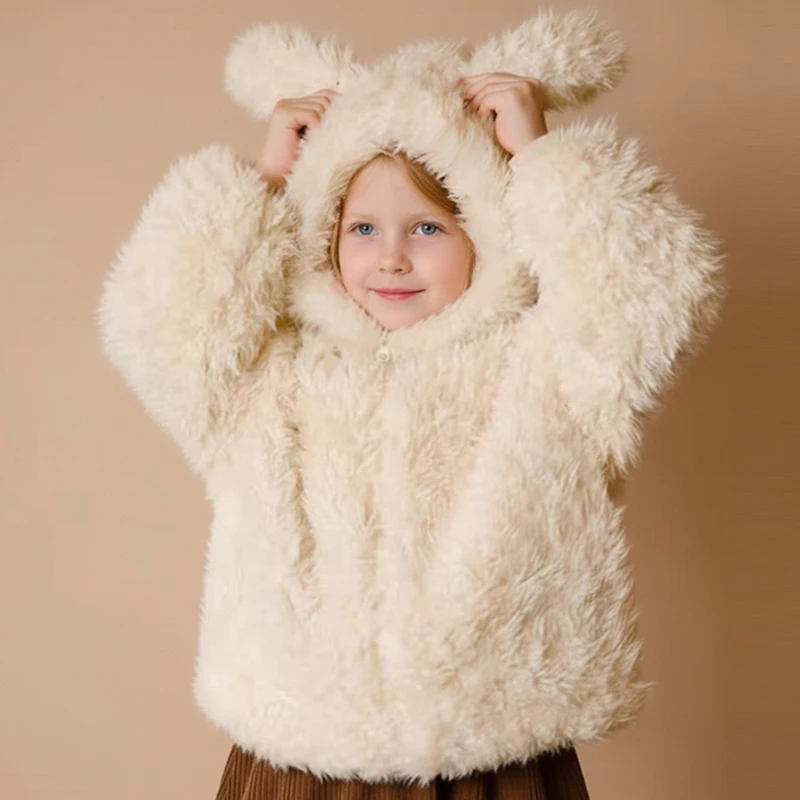 

Winter Kids' Hooded Warm Fleece Coat Long-Sleeved Thickened Cute Bunny Ears Boy's and Girl's Baby Coat Children Clothing
