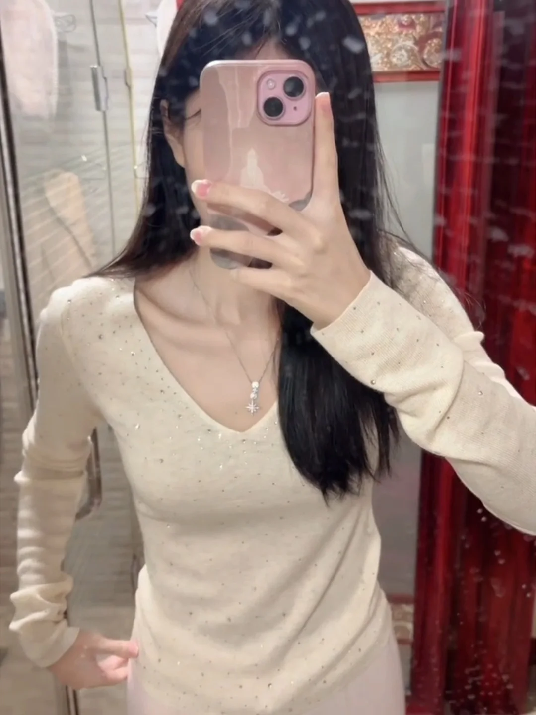 Korean Style V-Neck Long Sleeve Knitted Sweater Women's Autumn Winter Slimming Heavy Drillings Top Fashionable Commute Style