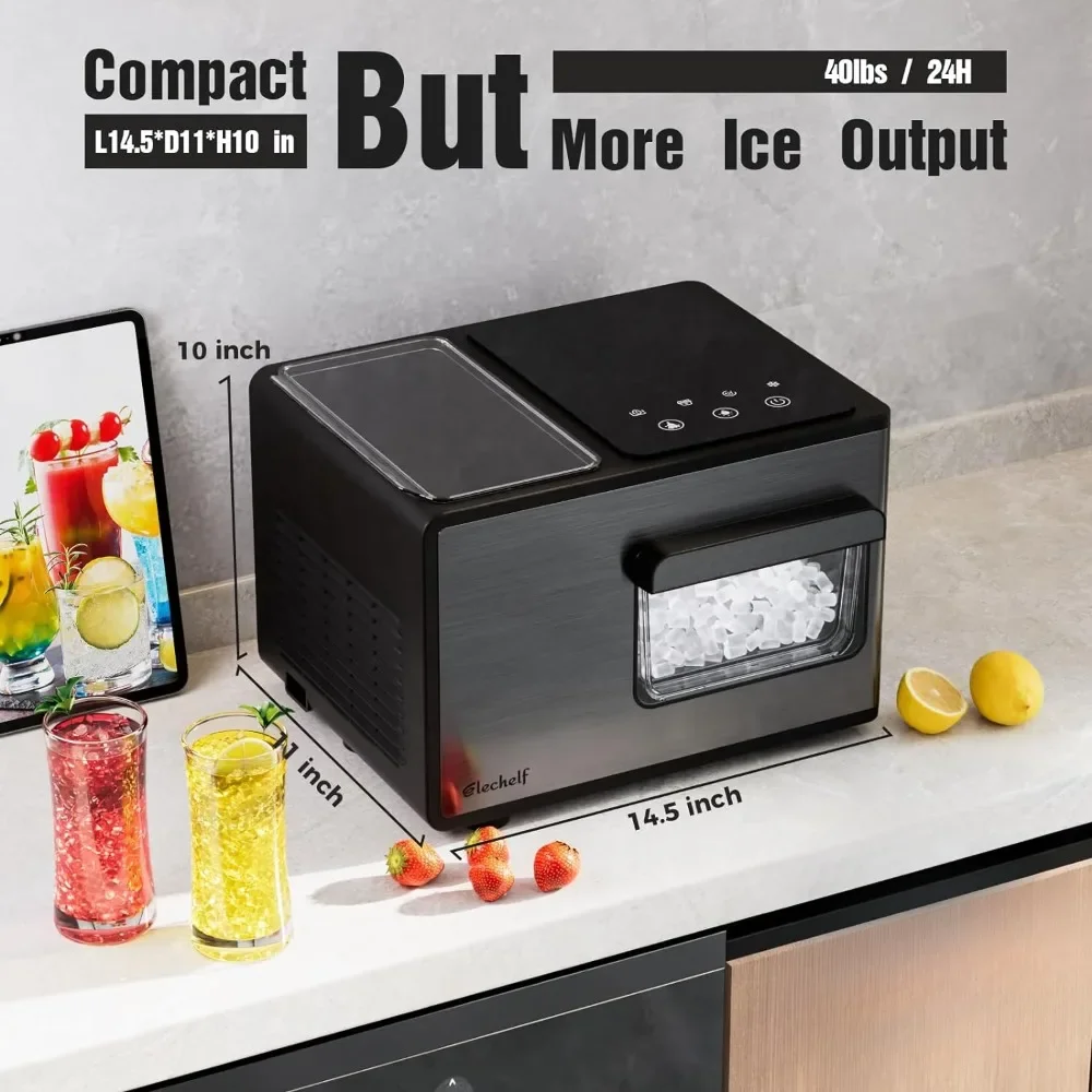 Aço inoxidável Nugget Ice Maker, auto-limpeza bancada, Kid-Friendly Design, gelo Sonic mastigável, Heavy-Duty, 40lbs