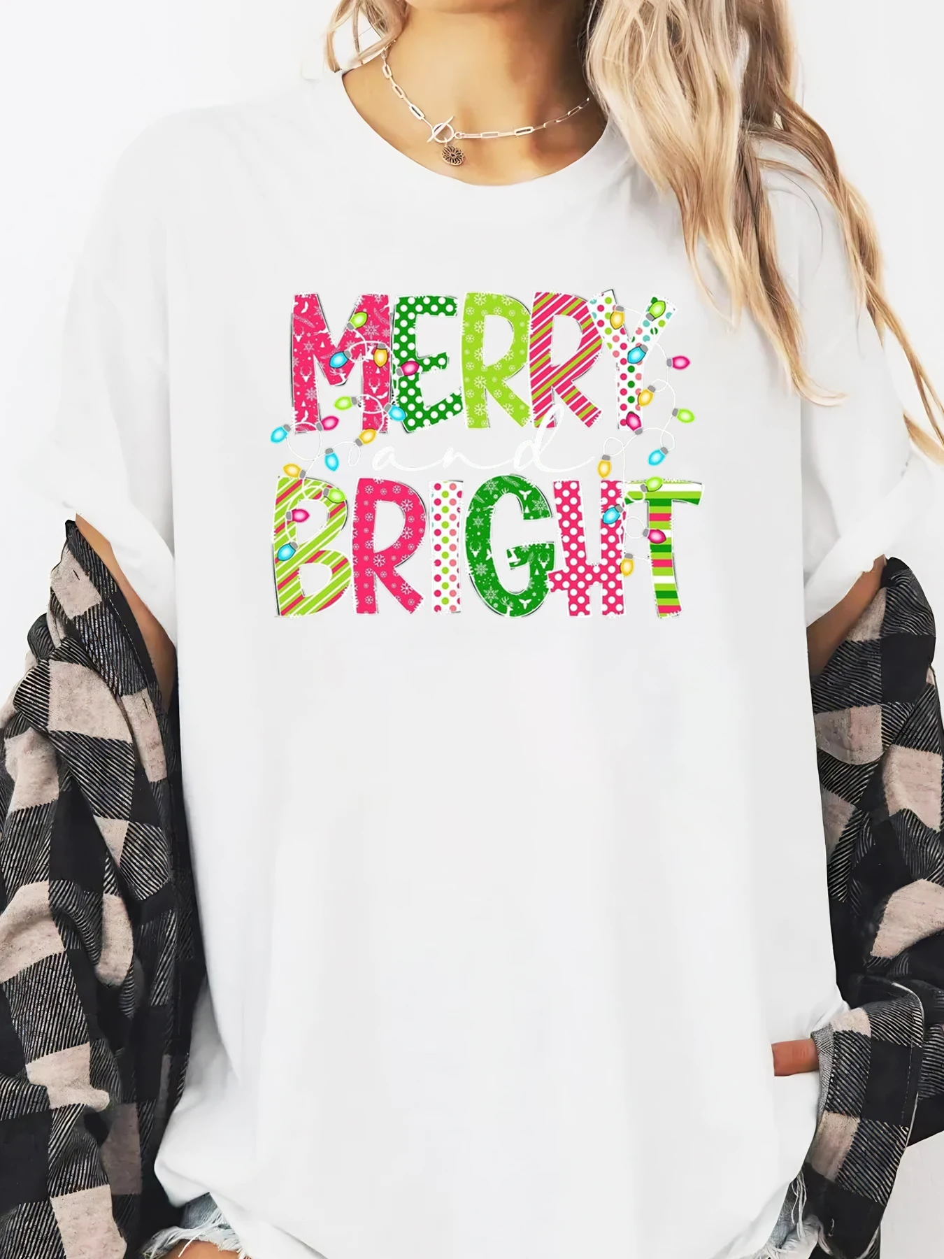 Merry and Bright Christmas Print Long Sleeve T-Shirt Women Holiday Party Casual Wear White Plus-size