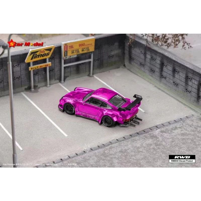 Star In Stock 1:64 RWB 930 GT Wing Socro Pink Chrome Sakura Diecast Diorama Car Model Collection Miniature Toys