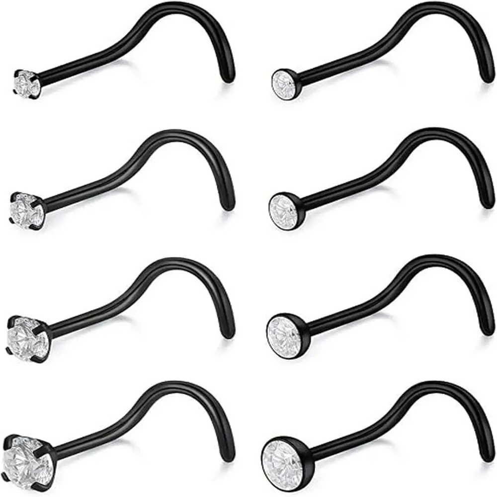 8Pcs Set Stainless Steel Screw Bend Nose Stud Rings Tragus Lip Hoop Piercing Jewelry 1.5-3mm Clear Fashionable and Shiny CZ