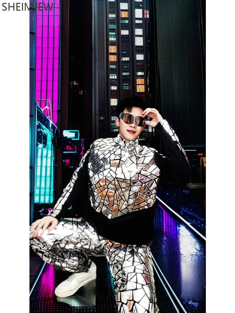 

Silver Mirror Nightclub Dress Men Party Birthday Costume Long Sleeve Shiny Laser Pu Bar Dj Gogo Dancer Singer Stage Costume 2025