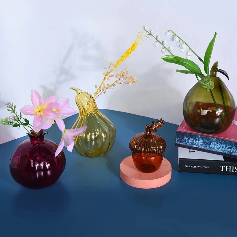 4 Styles Pomegranate Hazelnut Pear Gourd Shape Flower Vase Creative Cute Glass Home Table Shelf Foreplace Garden Decoration