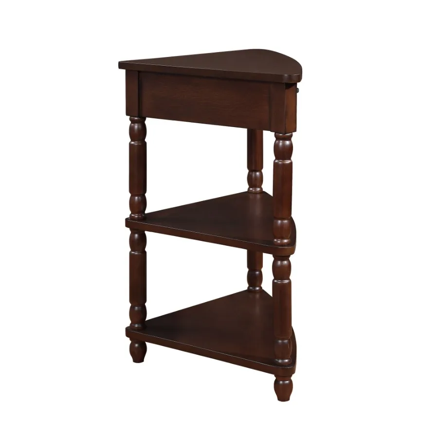 Mały trójkątny stolik narożny 85 cm, drewniany stolik boczny do małych przestrzeni, salonu, 3-poziomowy stolik narożny z litego drewna.