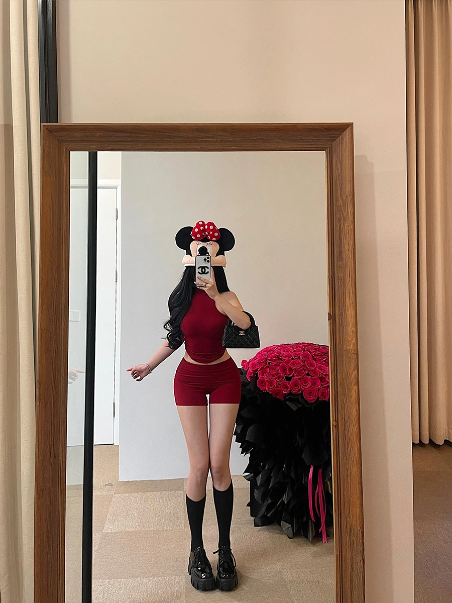 

Young Girl Day Pure Desire Sexy Girl Low Waist Flip Pants Vest Set Short Sleeve High Collar Trendy Fashion Women's Outfit