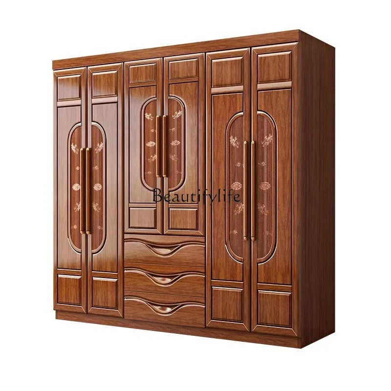 

New Chinese walnut wardrobe carved solid wood master bedroom home combination storage wardrobe