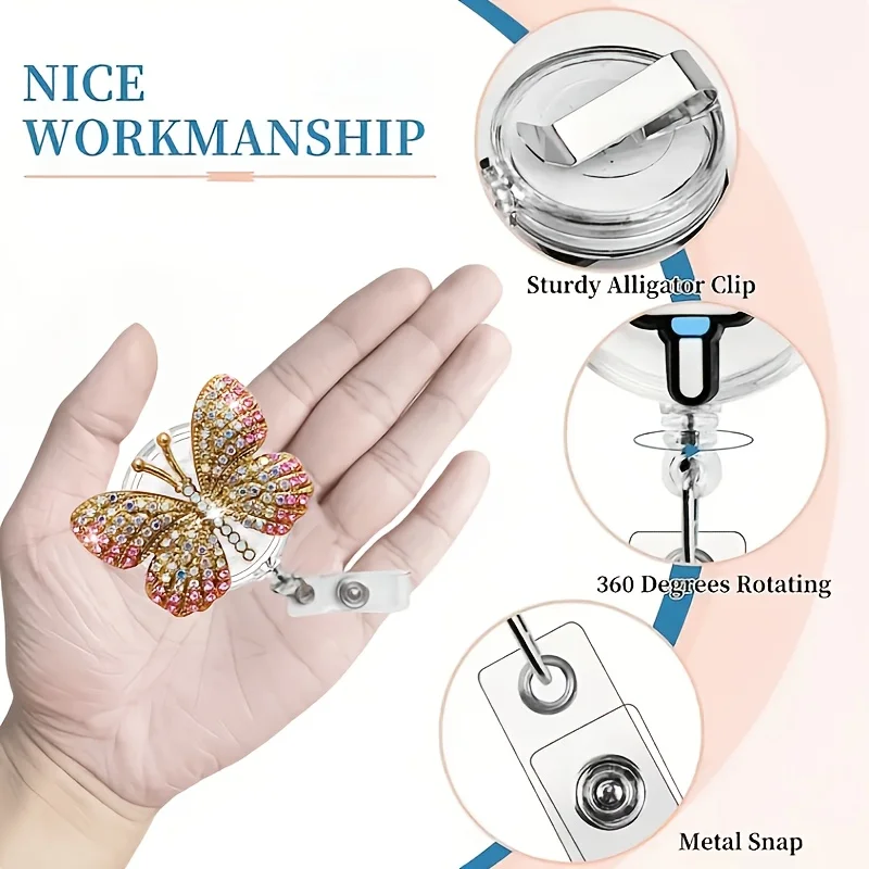 1 szt. Ręcznie robiony, elegancki, wysadzany cyrkoniami motylkowy identyfikator na sznurku z metalowym klipsem - sznurek o długości 60 cm z zabezpieczeniem przed odcięciem, obrót o 360 stopni °   Hak obrotowy,