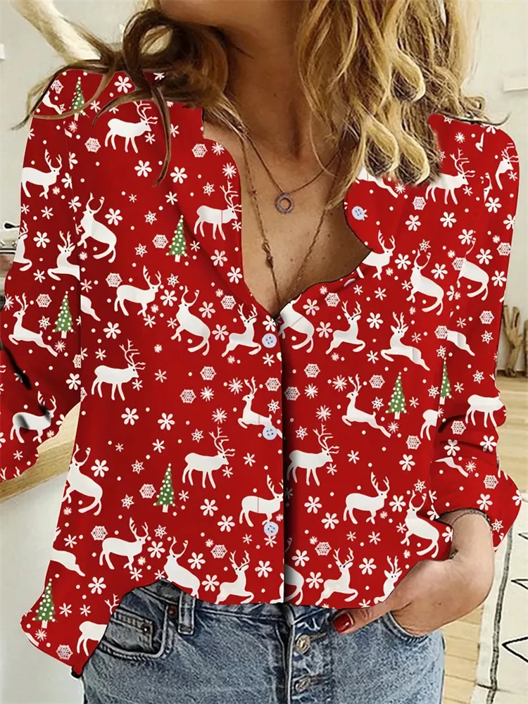 Christmas Elk Printing Women\'s Long Sleeve Shirt Fashion Lapel Single Ribbon Sexy Blouse Office Women Elegant Fashion Clothing