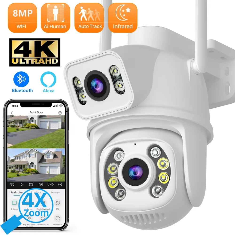 8MP PTZ IP Wifi Camera Dual-Lens Multiple Views Human Detect Smart Night Vision Bluetooth Connection Surveillance Camera ICSEE